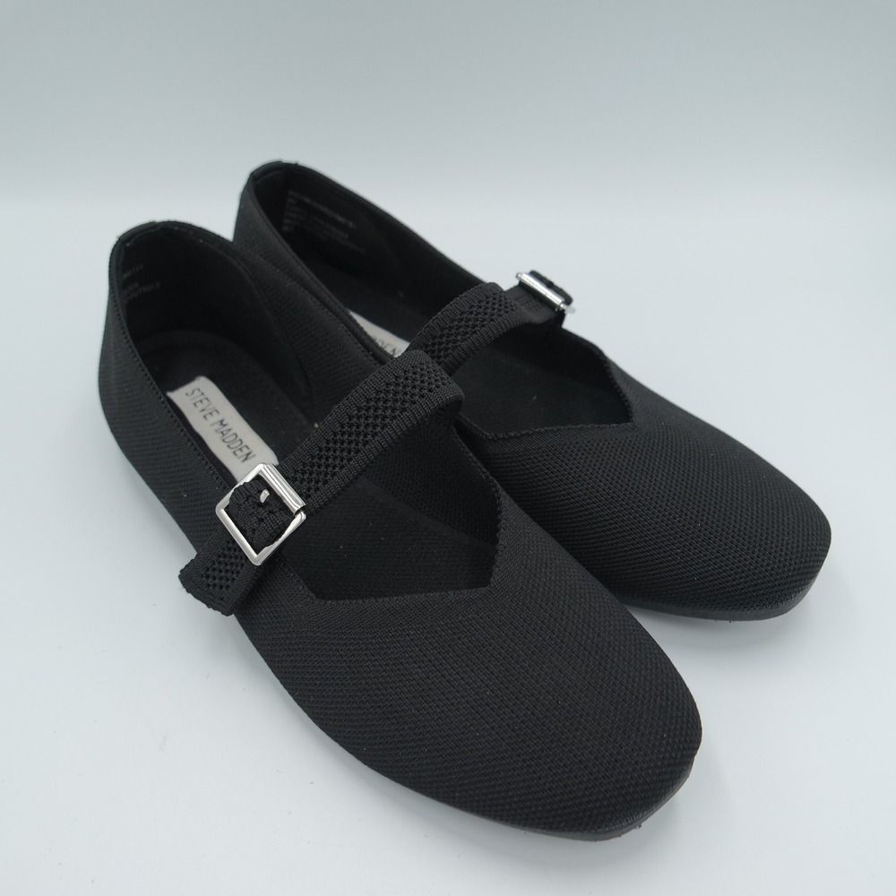 Steve Madden Womens Black Knit Square Toe Mary Jane Buckle Strap Flats Size 8